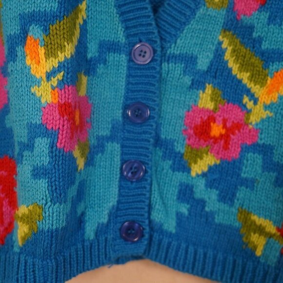 Vintage Gallagher Cardigan Electric Blue Floral Houndstooth M Cottagecore Fairy - Picture 3 of 8